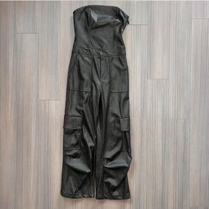 ZARA: Brown Faux Leather Strapless Jumpsuit